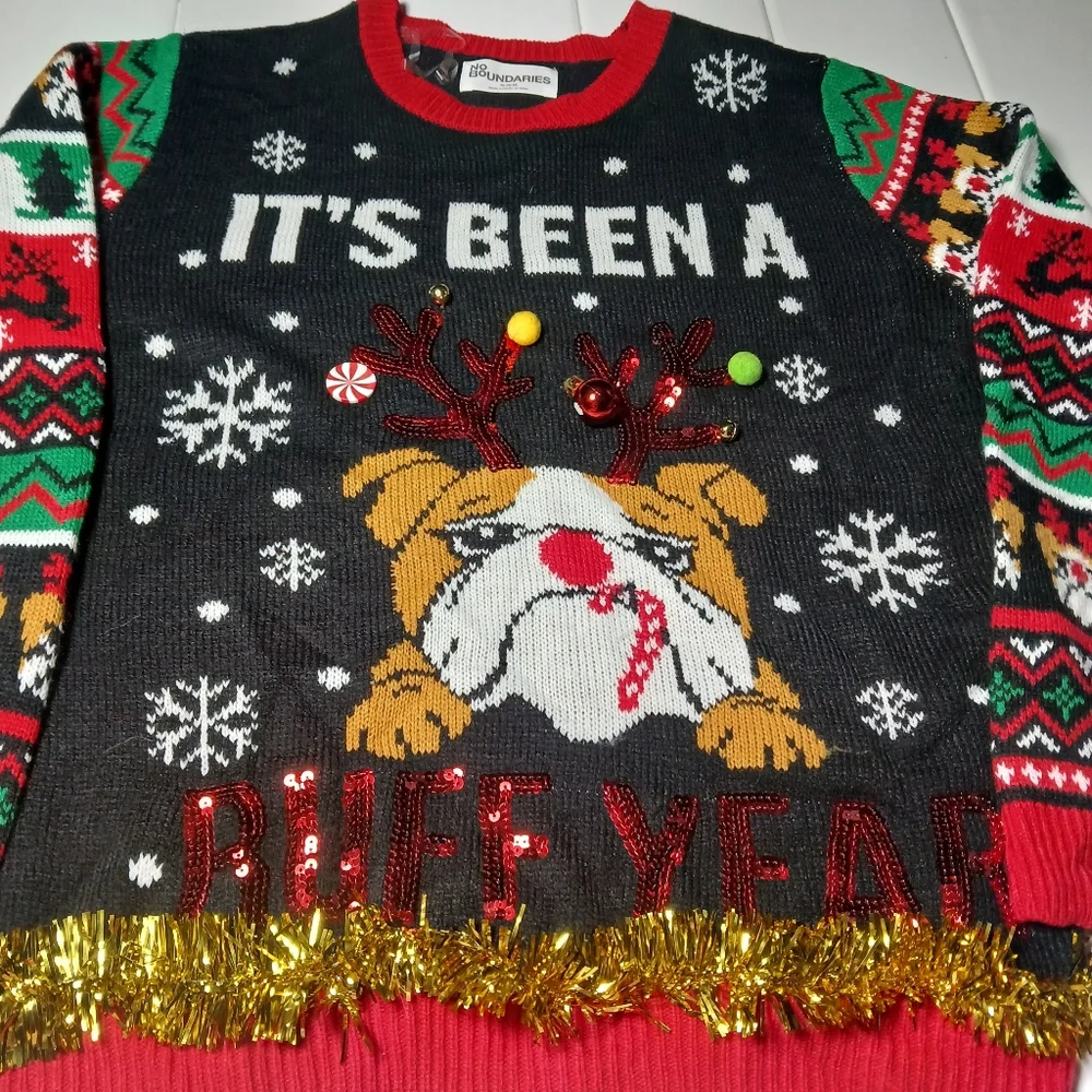 Women's XL Christmas Holiday Ugly Sweater Bull Dog “ It’s been a ruff year” - Picture 3 of 12
